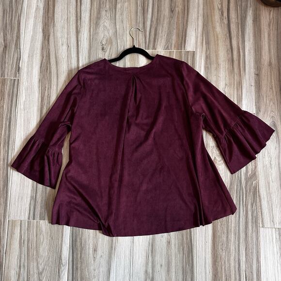 Bryn Walker Women Top Sz 2X Faux Suede Burgundy Red Lagenlook Hi Low Bell Sleeve - Picture 2 of 7